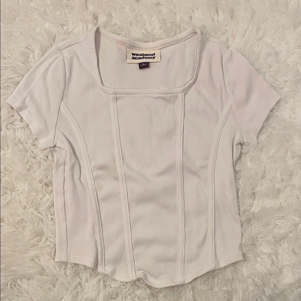 Weekend Academy White Ribbed Short Sleeve Top